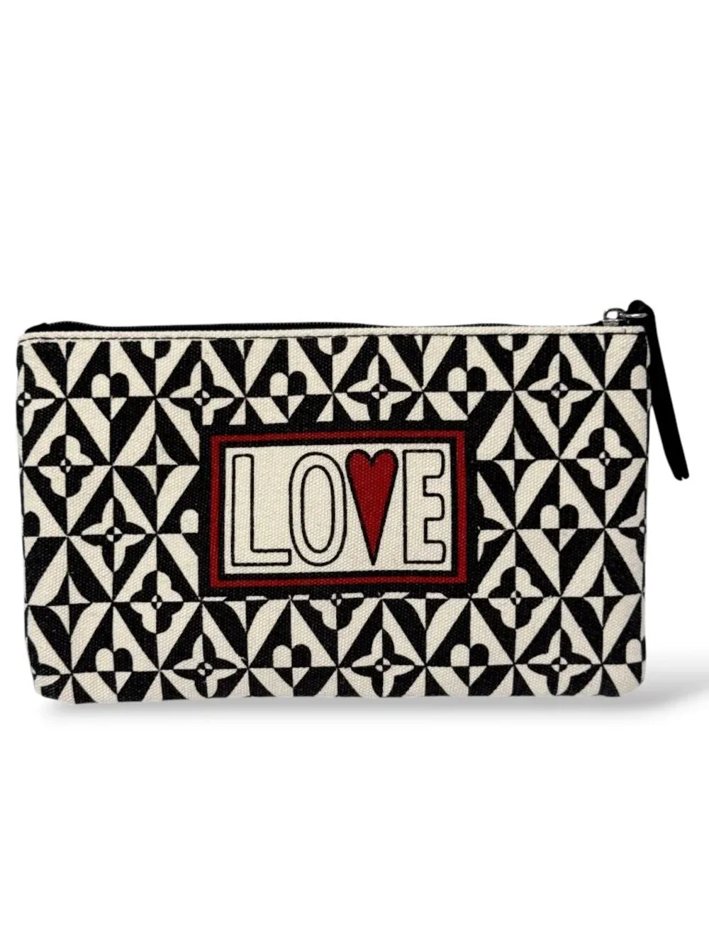 Brighton Cosmetic Case Love Heart Print Black Whit Canvas Zip Pouch